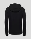 Back view of black hooded sweatshirt with plain back and relaxed fit