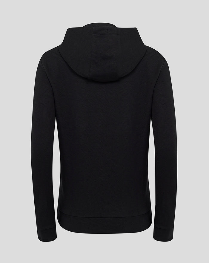 Back view of black hooded sweatshirt with plain back and relaxed fit