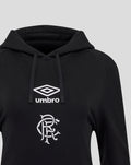 Close up of black hoodie front showing Umbro diamond logo and club crest