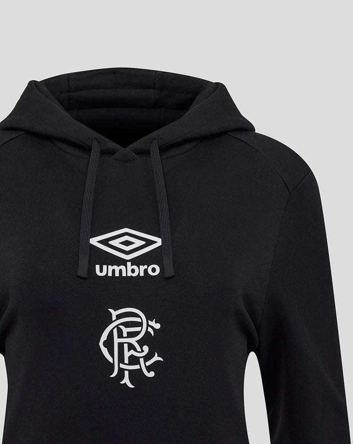 Close up of black hoodie front showing Umbro diamond logo and club crest