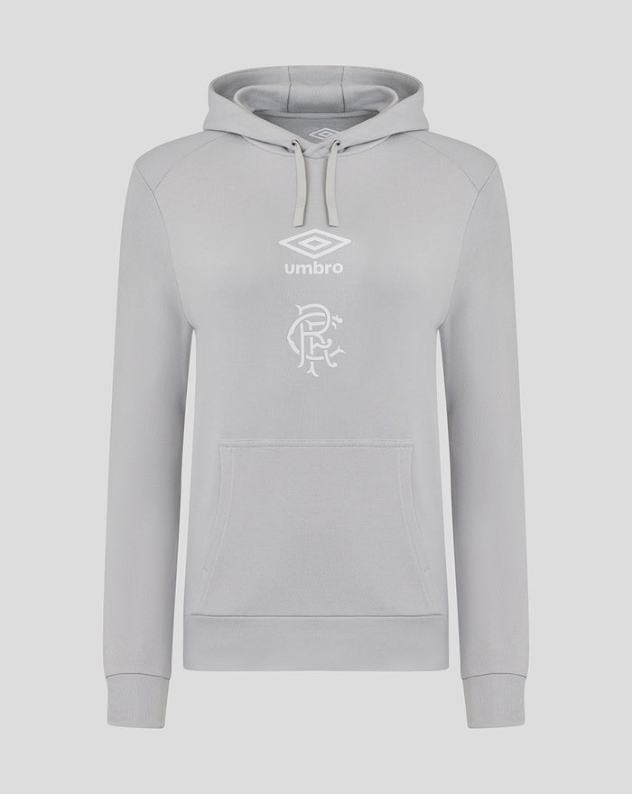 Light gray hooded sweatshirt with front pocket and white Umbro diamond logo above a club crest.