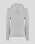 Back view of light grey womens presentation logo hoodie with hood