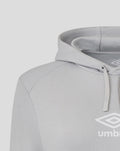 Close-up of the hooded sweatshirt neckline in light gray fabric showing drawstrings and part of the Umbro logo.