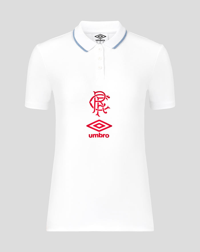 White Womens travel short sleeve polo with club crest and Umbro logo on the chest