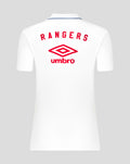 Back view of white travel short sleeve polo with large red Rangers crest and Umbro logo.