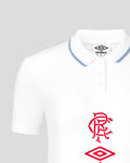 Close-up of white travel polo showing blue trimmed collar and red Rangers crest with Umbro logo on chest.
