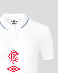 Front view of white travel short sleeve polo with blue edged collar, three button placket, and red Rangers crest with Umbro diamond.