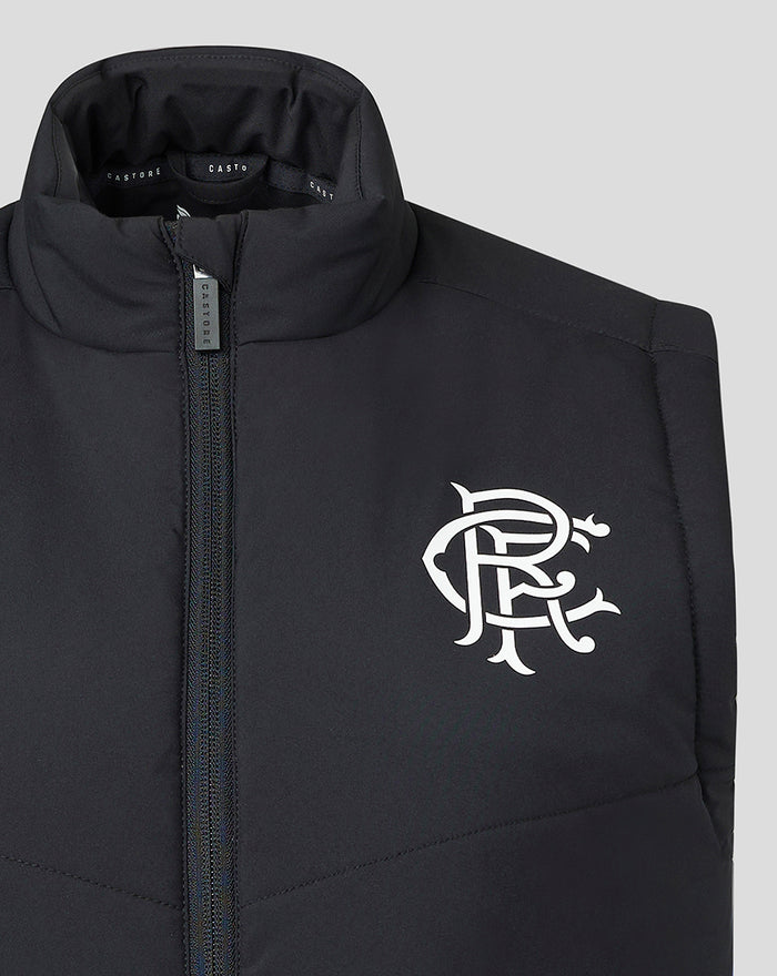 Front close-up of navy Rangers Bench Gilet with white club crest on chest and center zipper