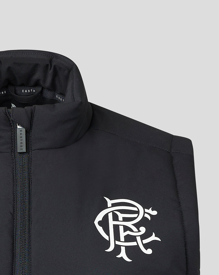 Close-up of navy Rangers Women’s Match Day Bench Gilet chest showing club crest and zipped placket