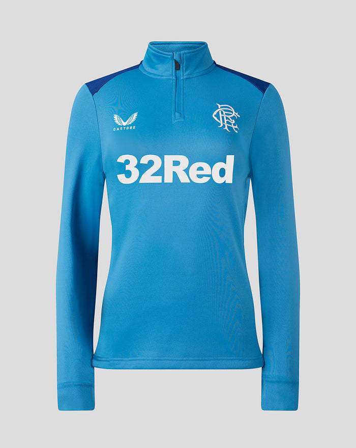 Blue and navy training fleece midlayer with funnel collar and crest on left chest and 32Red across front