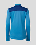 Back view of blue and navy training fleece quarter zip midlayer showing navy shoulder panel across upper back and funnel collar