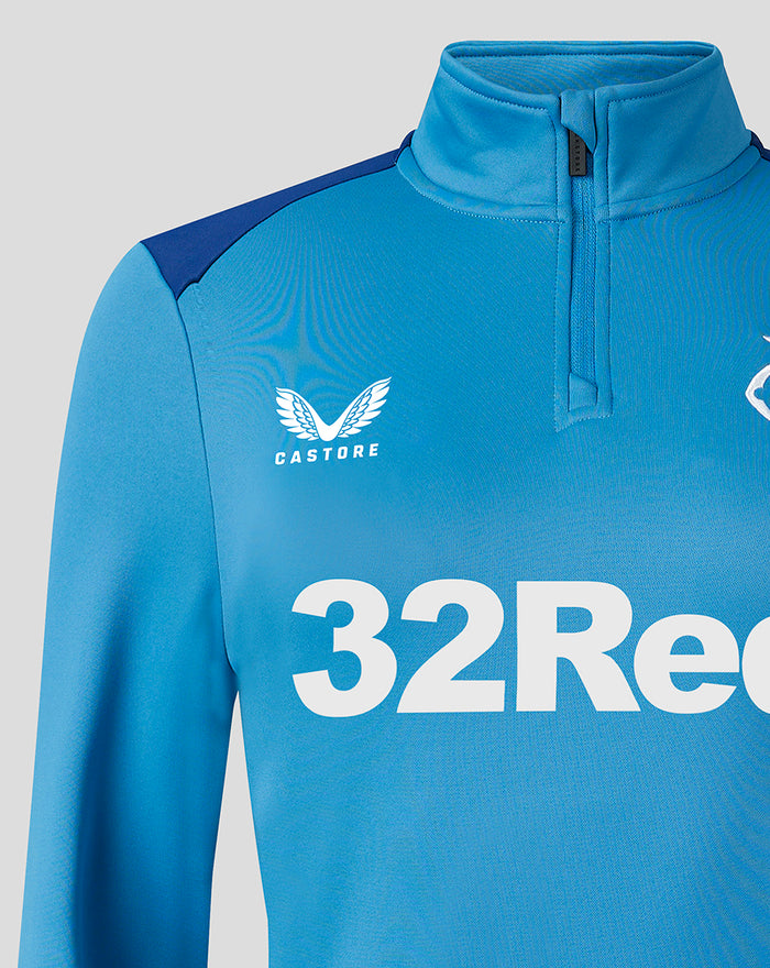 Back view of light blue training fleece midlayer with navy shoulder panel and clean hem