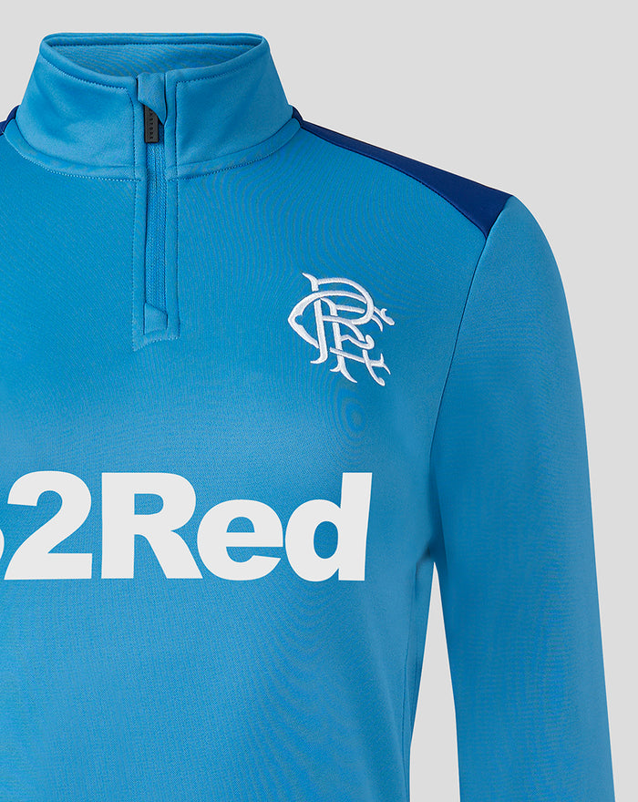 Blue training fleece quarter zip midlayer with white club crest on left chest and large 2Red across front