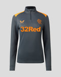 Front view of grey training fleece with orange shoulder panels and quarter zip