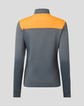 Back view of grey training fleece with orange shoulder panels and funnel collar