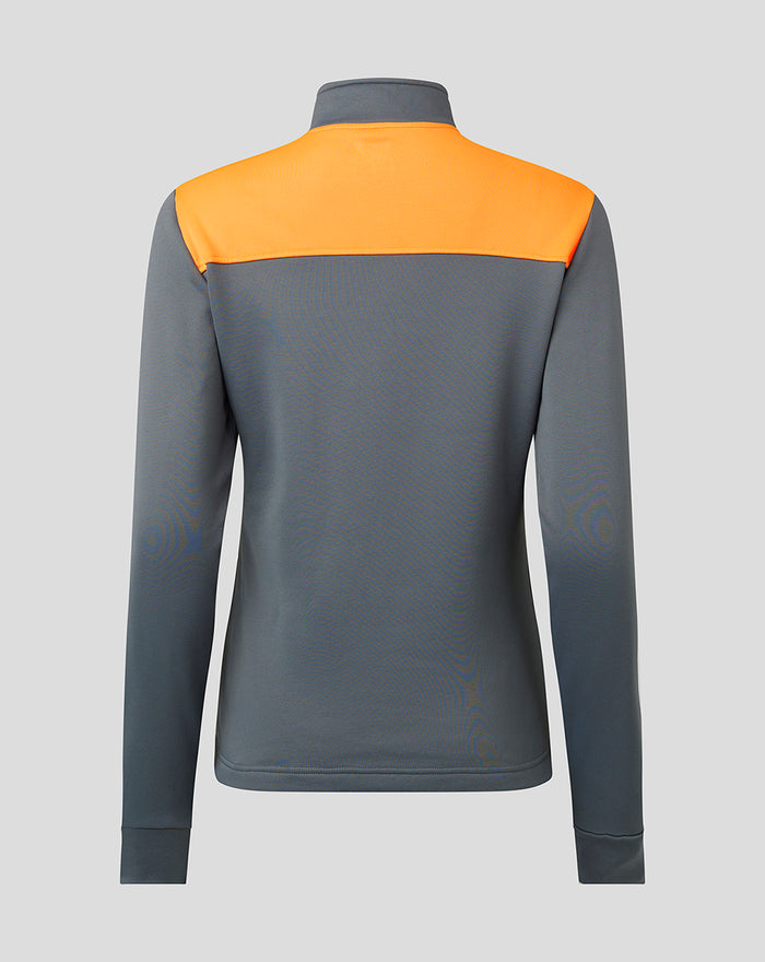 Back view of grey training fleece with orange shoulder panels and funnel collar