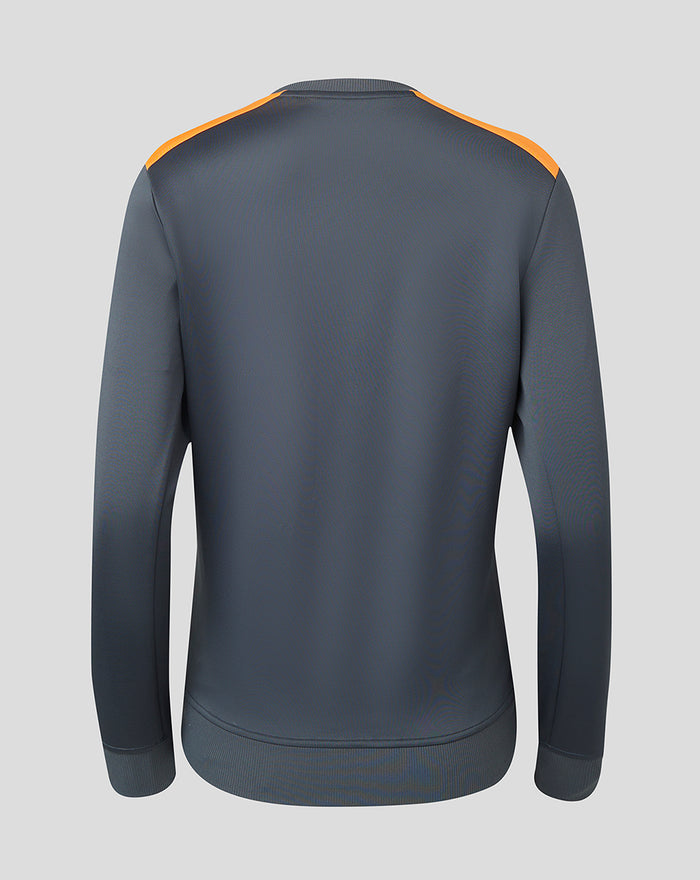 Back view of grey and orange Rangers training sweatshirt with contrasting shoulder panels