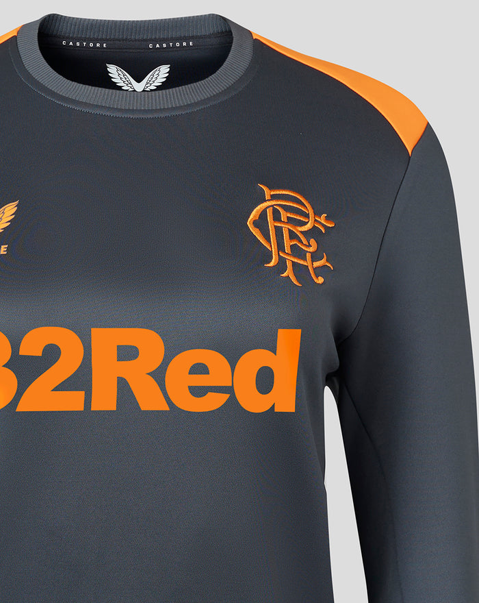 Shoulder and chest detail of dark gray sweatshirt with orange shoulder panel and Rangers crest