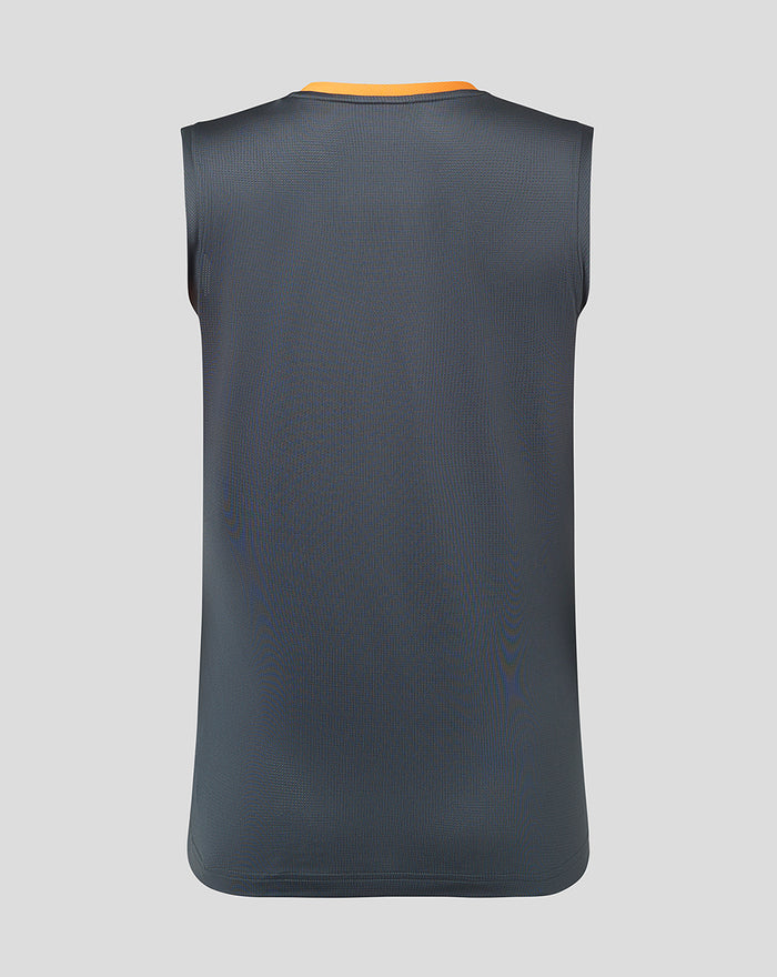 Back view of grey training vest with orange neck trim and geometric pattern.