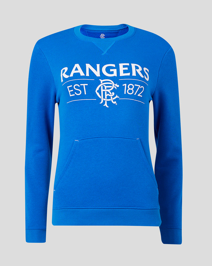 Women’s blue Rangers sweatshirt with white Rangers graphic across chest and front kangaroo pocket