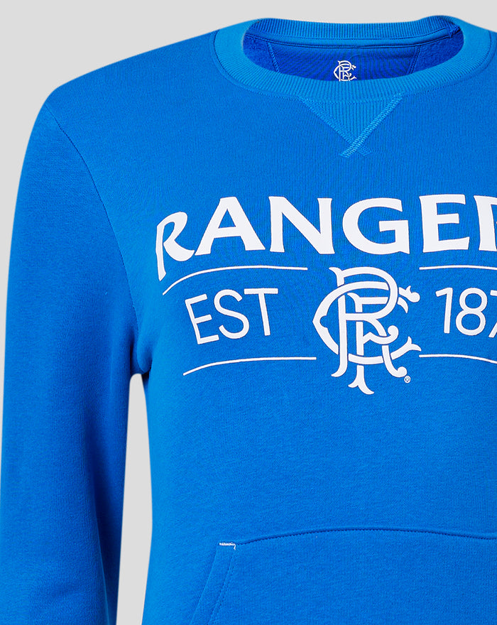 Blue Rangers sweatshirt close up with large white Rangers logo and crest on the chest and a kangaroo pocket