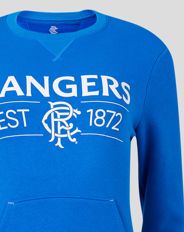 Blue Rangers sweatshirt close up showing V insert at neckline and large chest branding