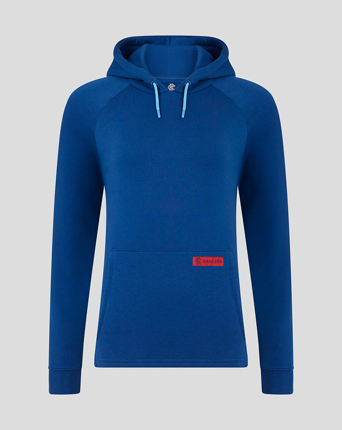 Blue women's Rangers fleece hoodie with drawcord hood and front kangaroo pocket with crest badge at hem