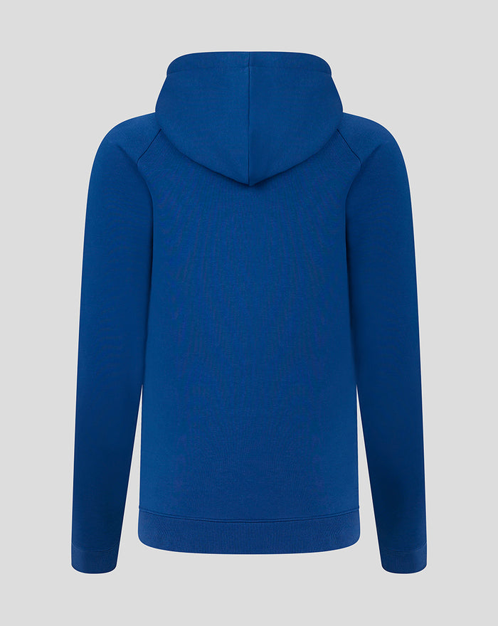 Back view of blue Rangers fleece hoodie with hood up