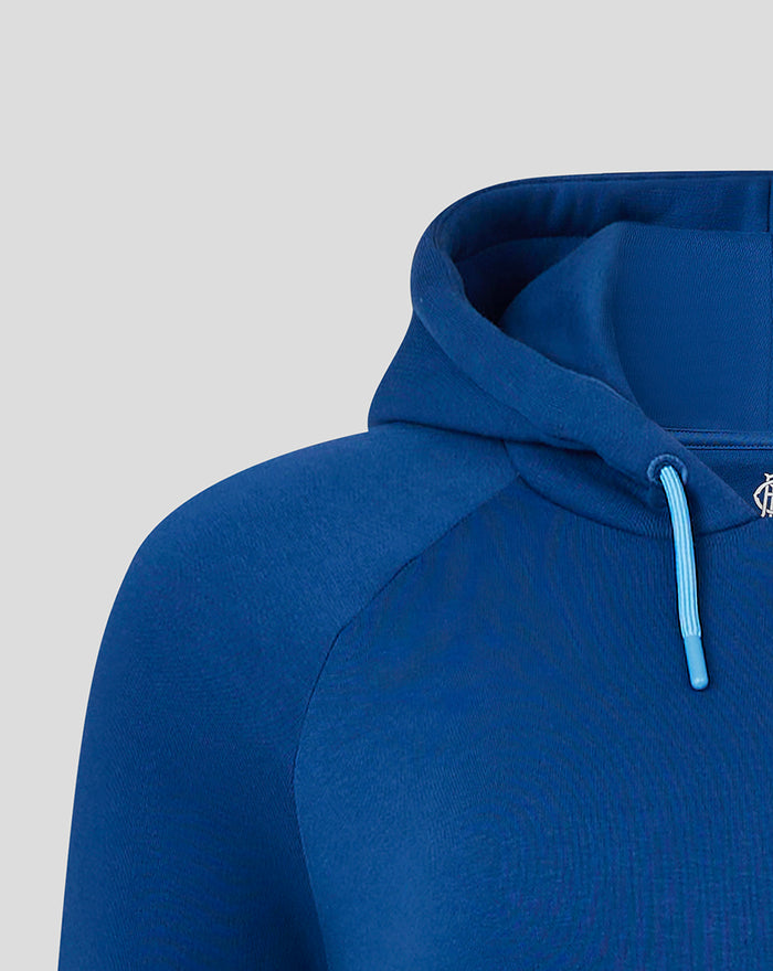 Close up of blue Rangers fleece hoodie hood with light blue drawcord