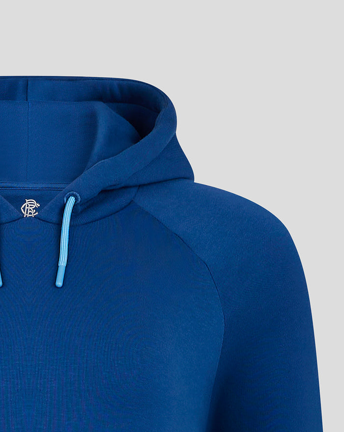 Navy fleece hoodie hood with light blue drawstrings and a Rangers crest at the neckline