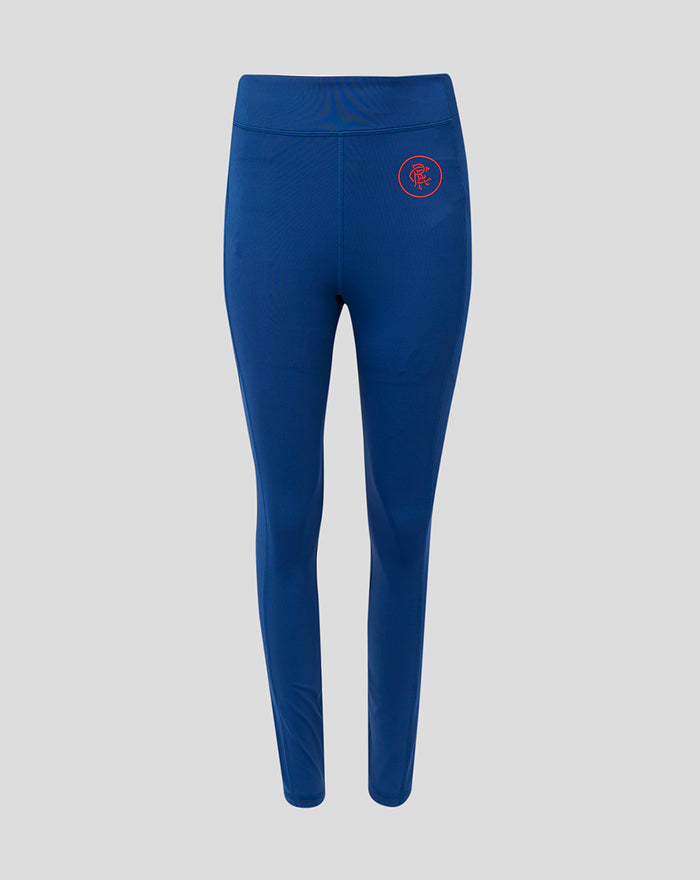 Back view of navy women's Rangers leggings with a red crest on the left leg