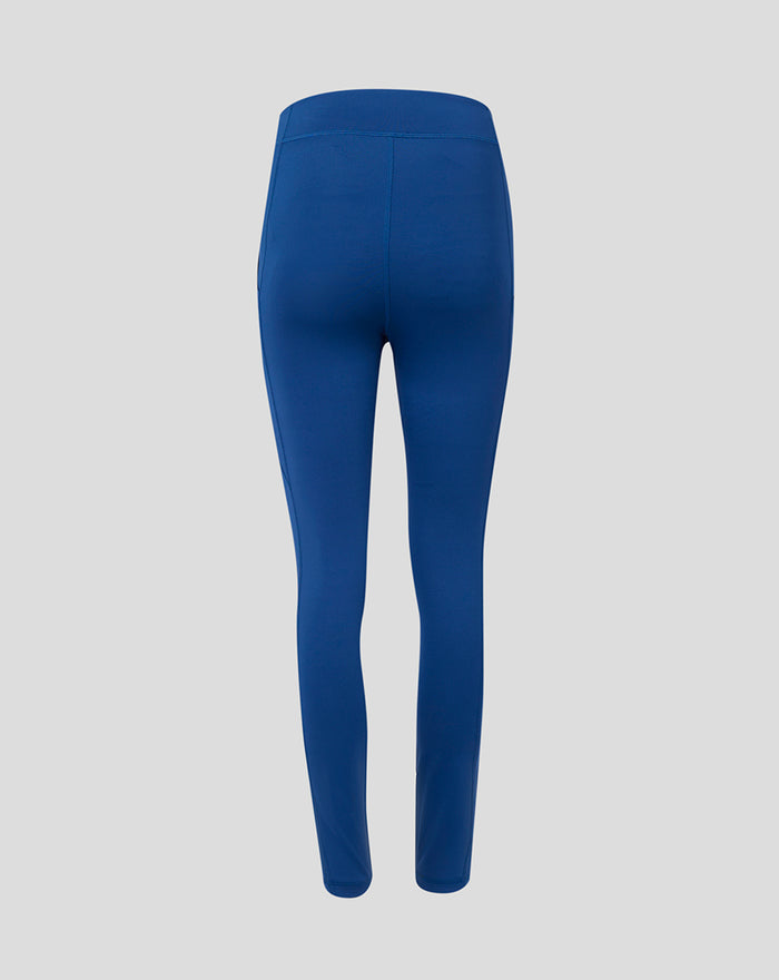 Back view of navy women's leggings with a back waistband pocket two side pockets and a Rangers crest on the left leg.