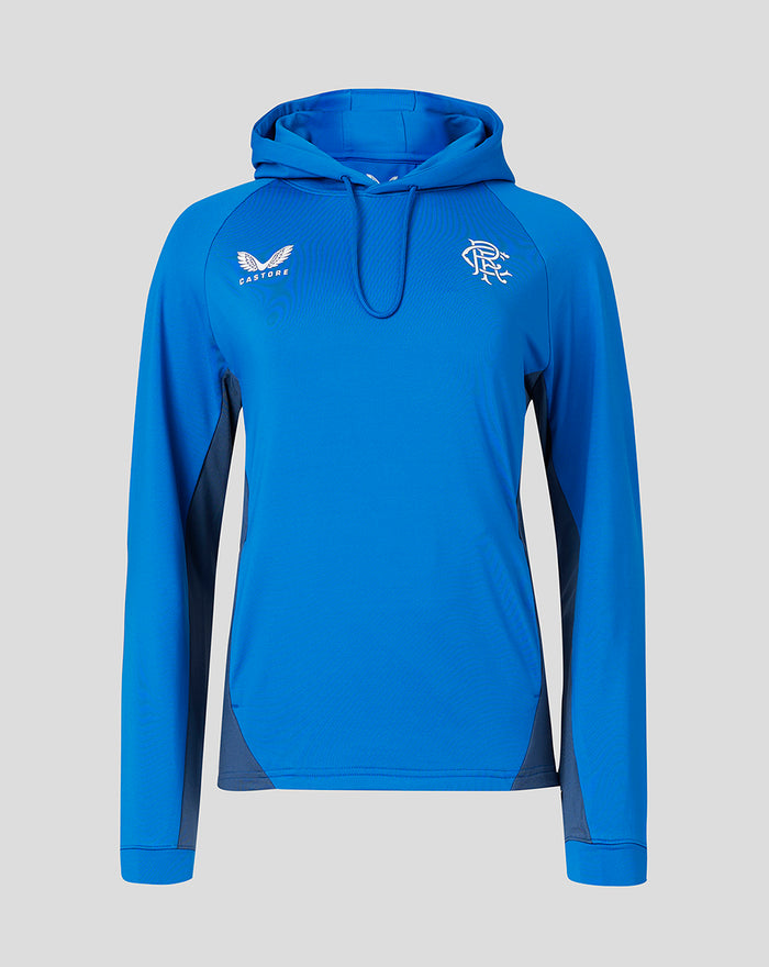 Front view of Women's 23/24 Tech Fleece Hoody in bright blue with hood and white chest logos