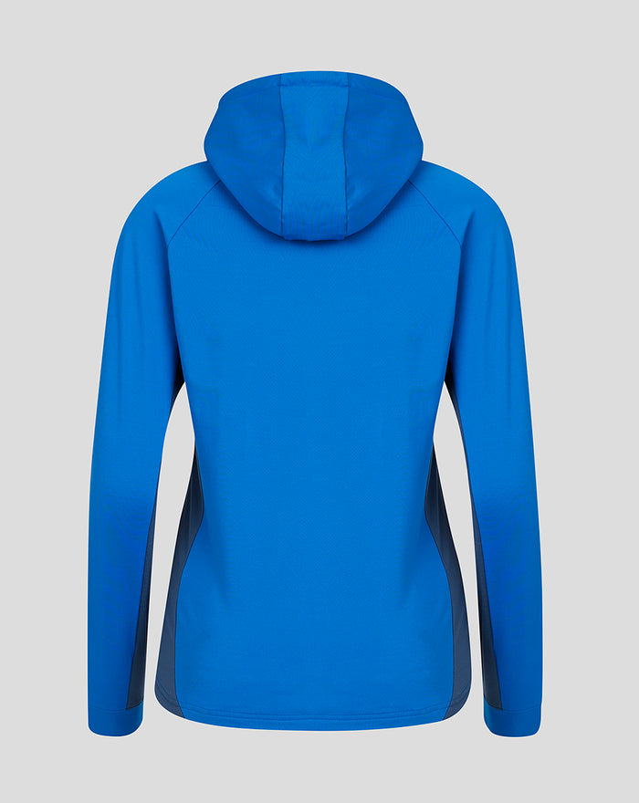 Back view of women's navy Tech Fleece hoody with a hood and slim silhouette