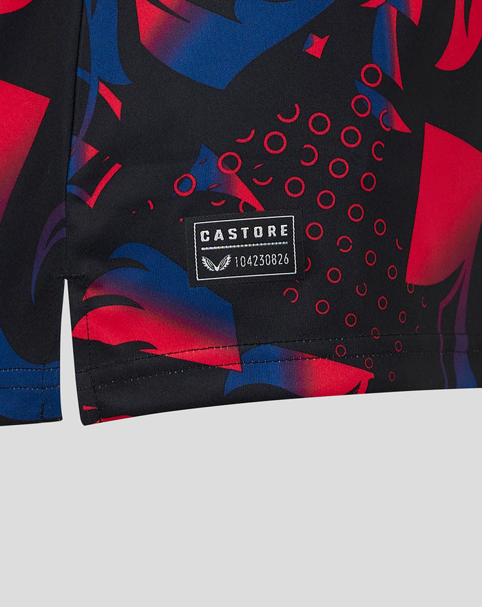 Back view of the Rangers Third Shirt with SEKO logo across the upper back on a dark red blue print.