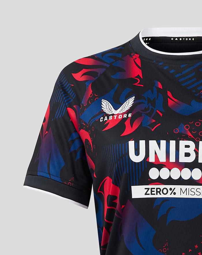 Rangers womens third shirt in black with red and blue abstract print, UNIBET across the chest and crest on the left.