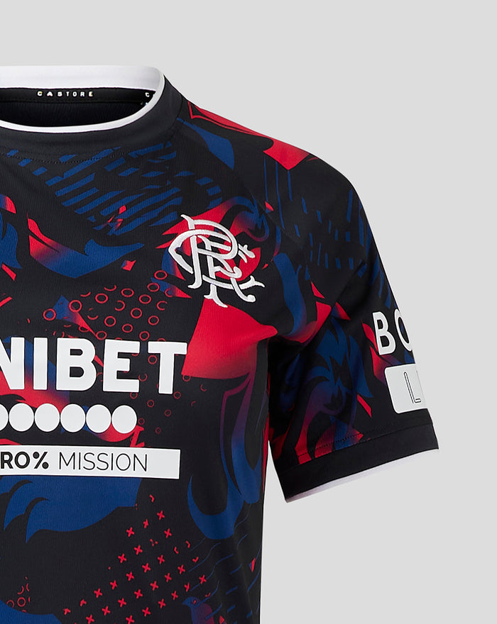 Close up of Rangers Pro Third Shirt showing crest and large UNIBET sponsor logo on the abstract print.