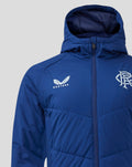 Front view of a blue hooded Pro Players Bench jacket showing the hood and zipper