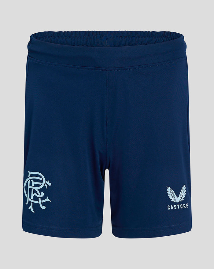 Navy blue shorts with pockets, front view showing a white crest on the left leg and Castore logo on the right leg.
