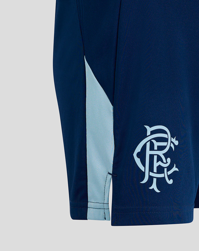 Close up of navy junior training shorts with a light blue side panel and a white Rangers crest near the hem