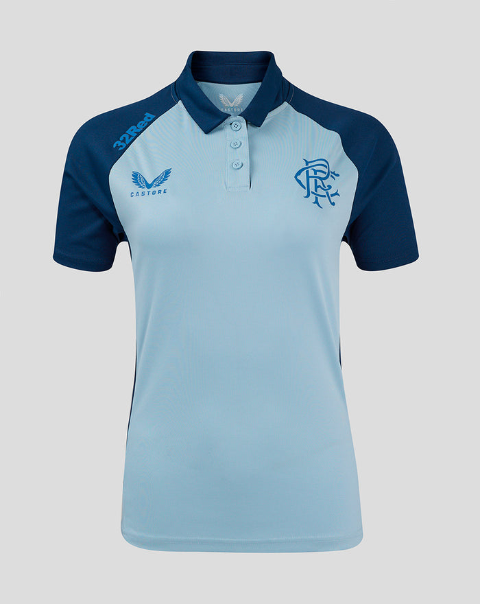 Front view of light blue Rangers Presentation Polo with navy sleeves and crest on chest