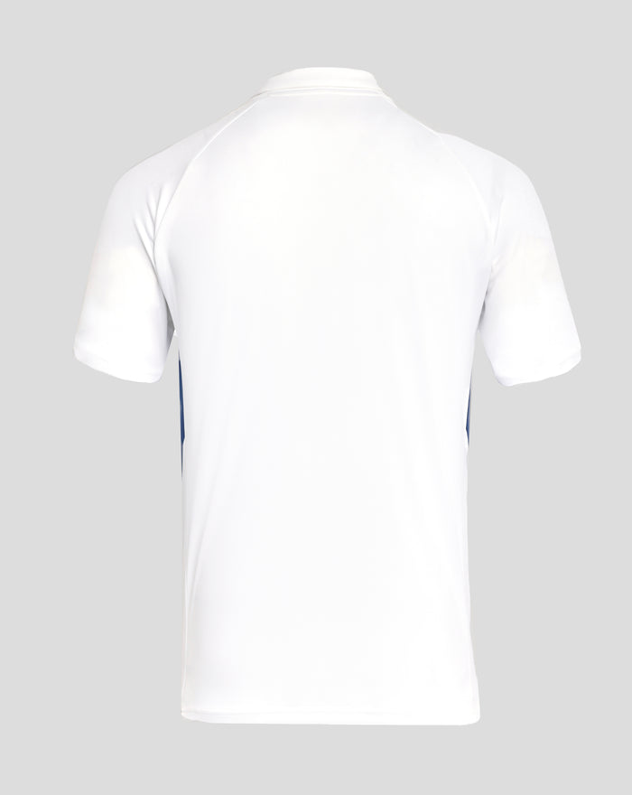 Back view of a white womens pro players presentation polo