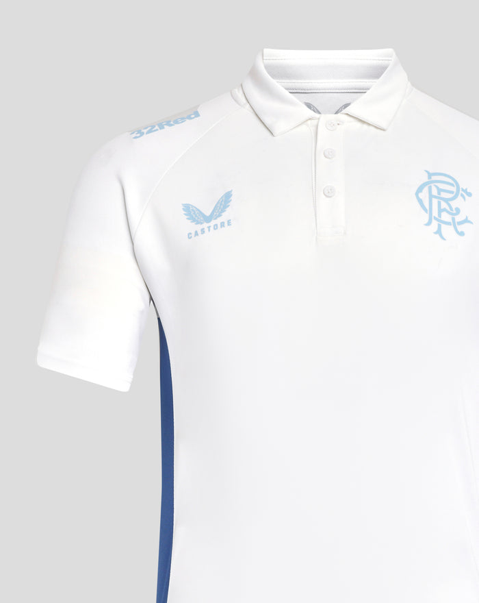 Front view of a white womens pro players presentation polo with light blue Castore logo on the chest and a team crest