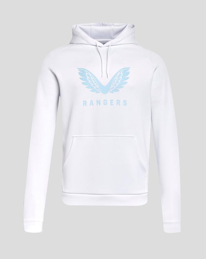 White hoodie featuring a light blue winged logo and the word RANGERS across the chest