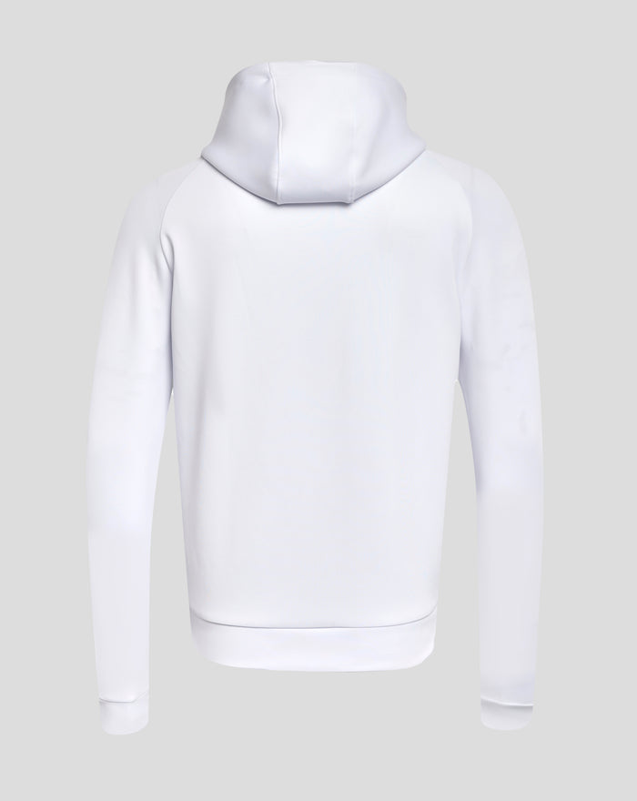 Back view of a plain white hoodie with hood up