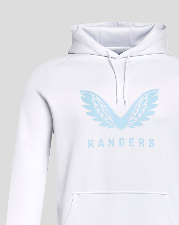 White hoodie with pale blue wing emblem on the chest and drawstring hood
