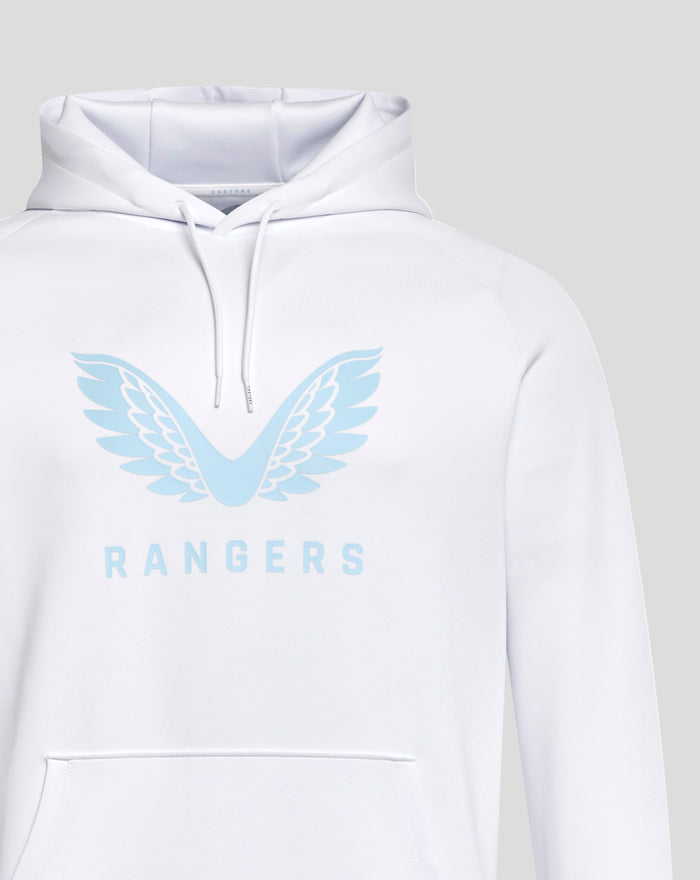 Close up of white hoodie showing pale blue wing graphic and light blue RANGERS text