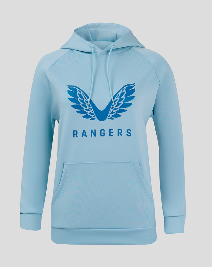 Front view of a light blue Rangers Pro Players hoodie with a large navy wing logo