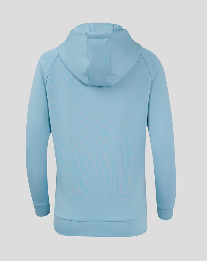 Back view of light blue women's Pro Players Scuba Logo Hoodie with hood