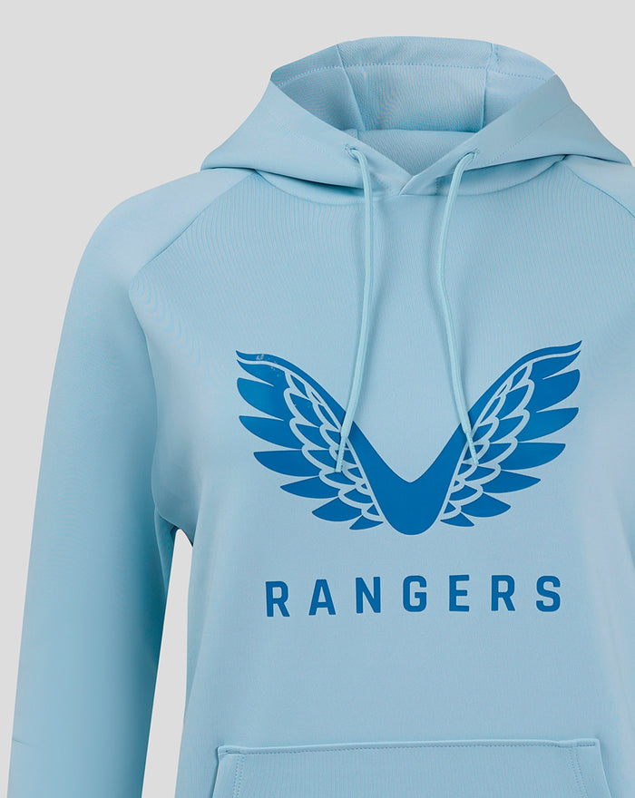 Front view of light blue Rangers Pro Players Scuba Logo Hoodie with wings graphic on chest